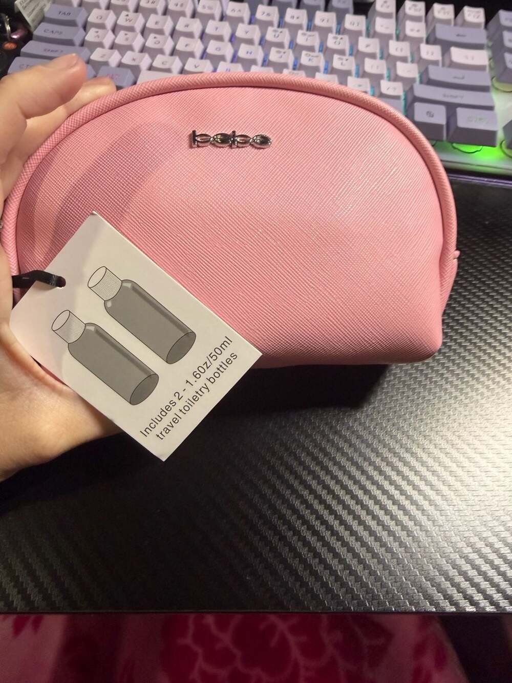 bebe Pink Saffiano Faux Leather Dome Cosmetic Case with Travel Bottles